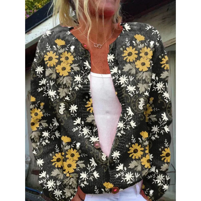 Yellow knitted cardigan coat with a raised 3D digital print pattern