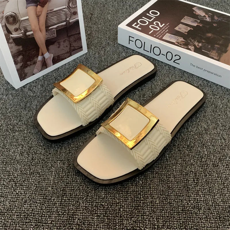 Women's flat summer slippers in apricot colour with waterproof PVC sole and casual design