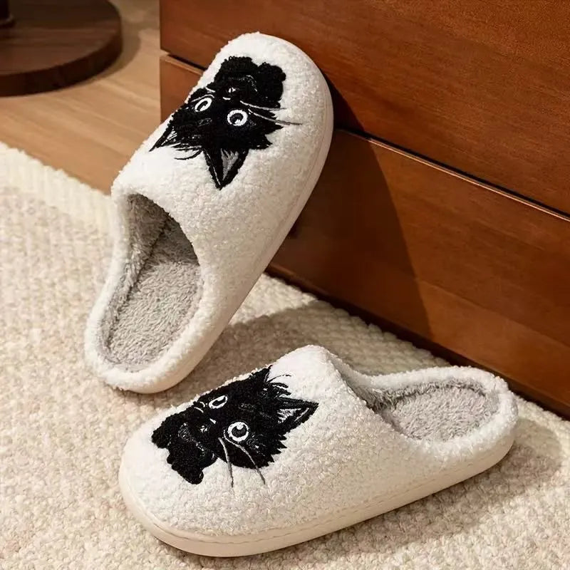 White plush slippers with Black Beard Cat cartoon couple pattern and non-slip sole.