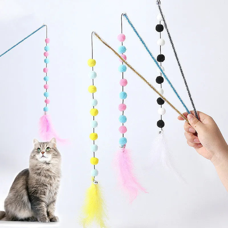 Cat teaser wand toy with plush ball, feathers, and plastic rod, about 31 cm long, random colour