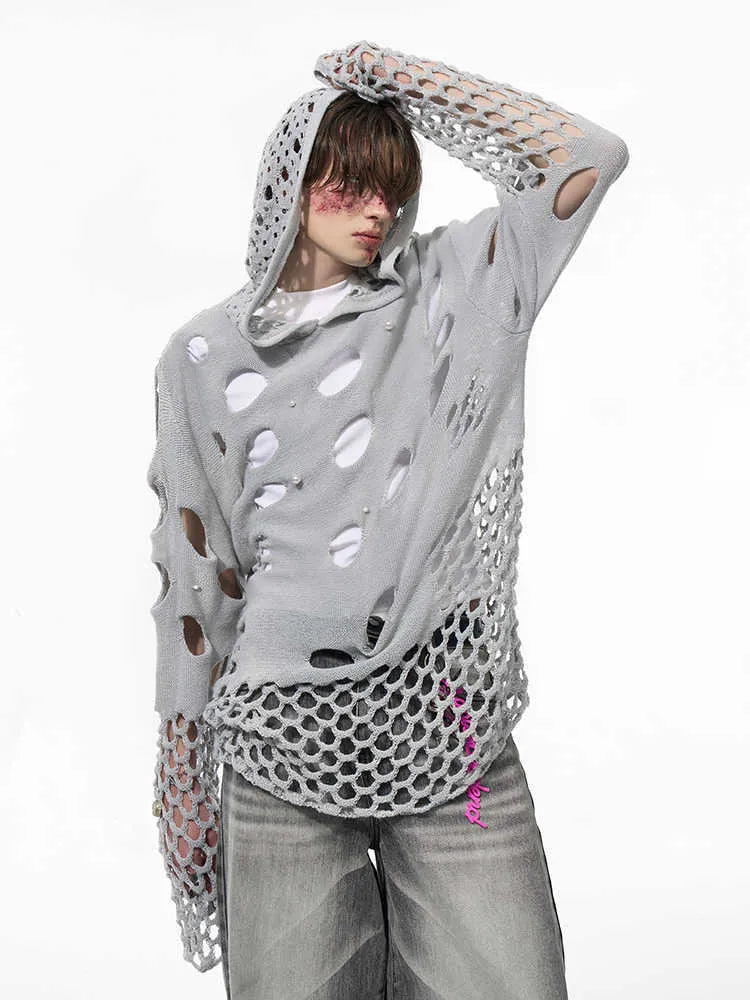 Black men's hoodie with pearl decorative elements and loose thin fabric construction