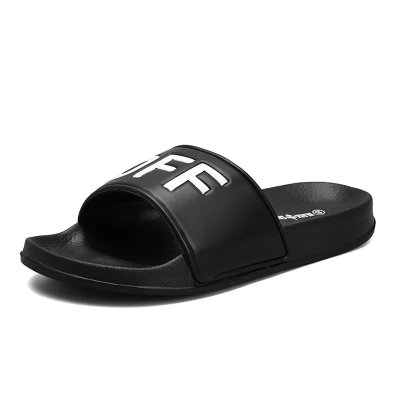 Large men's personalised slippers with rubber sole and open toe design in black or white colours