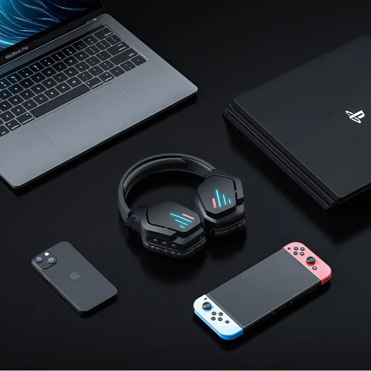 Luminous black wireless headphones with head-mounted design and noise reduction technology
