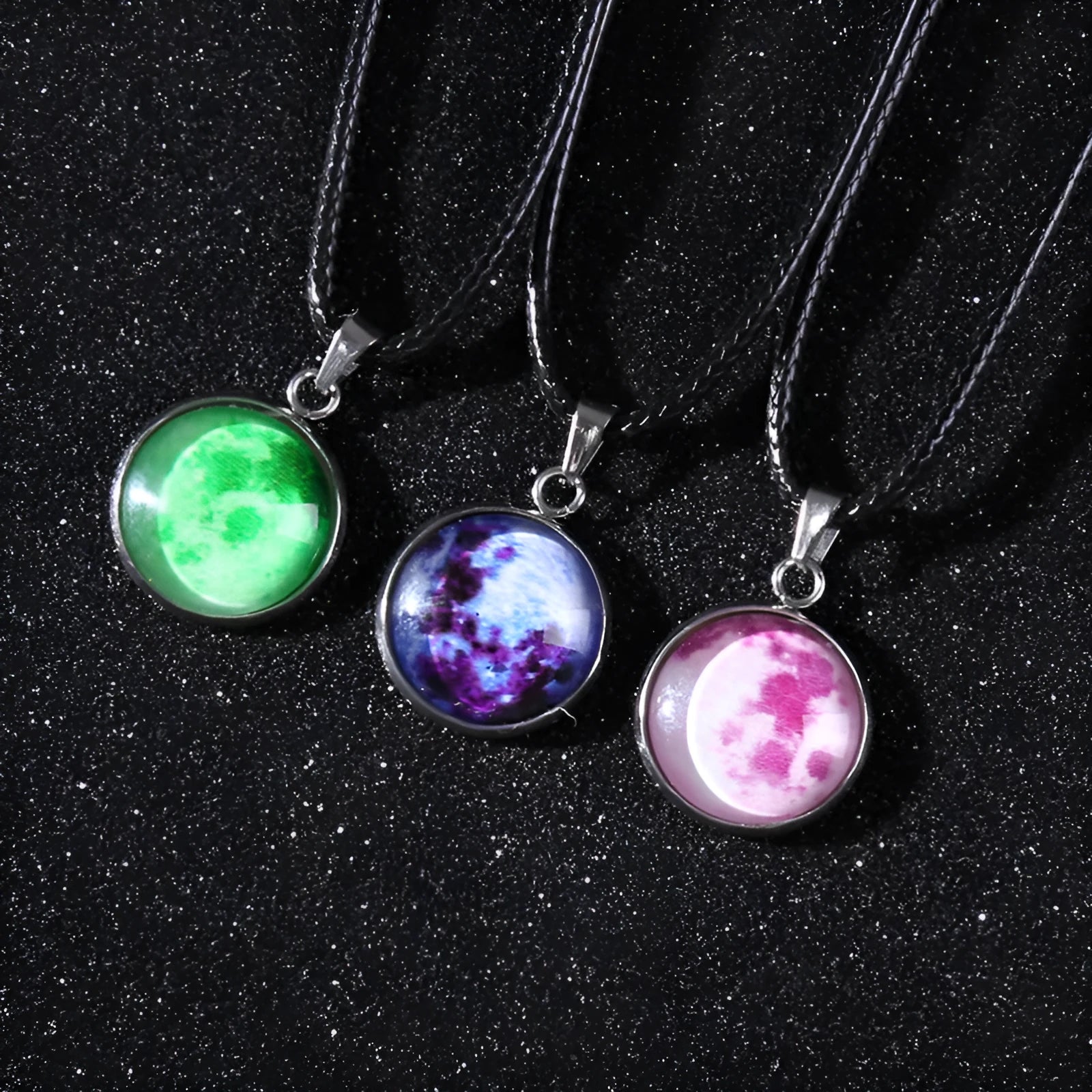 Luminous alloy necklace with a glass Christmas night sky constellation pendant and an extension chain.