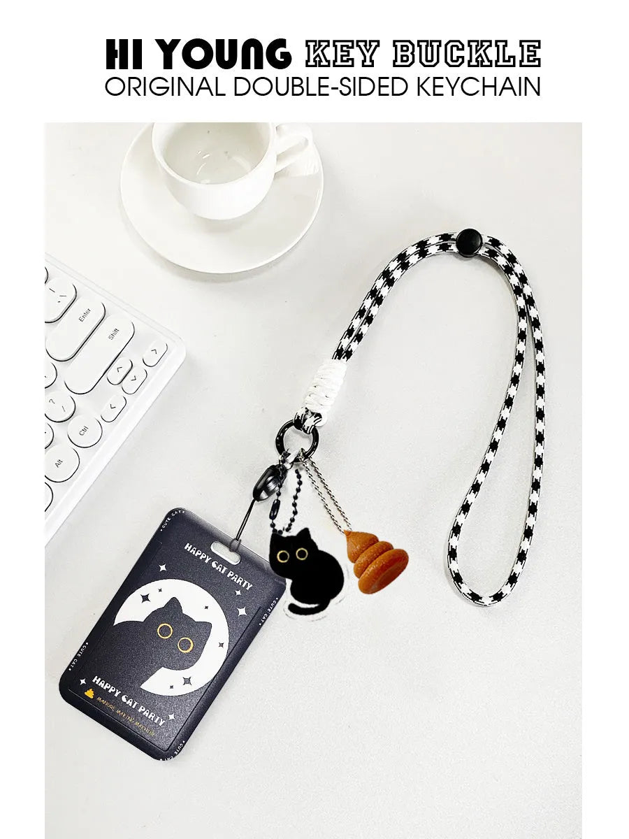 Cute little black cat cartoon plastic card holder with a metal ferrule pendant attached.