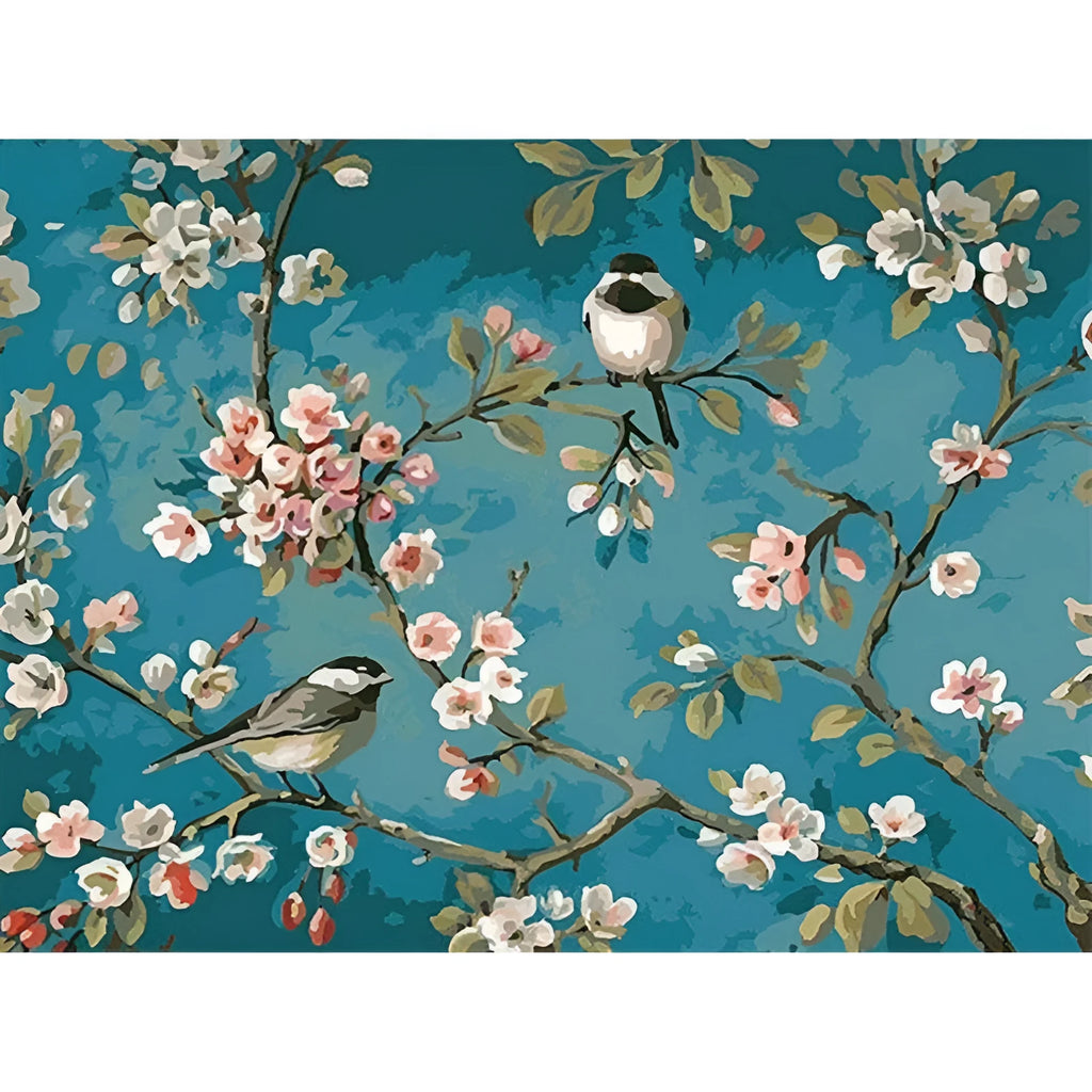 Blue abstract flowers and birds digital oil painting on 40x50cm linen canvas