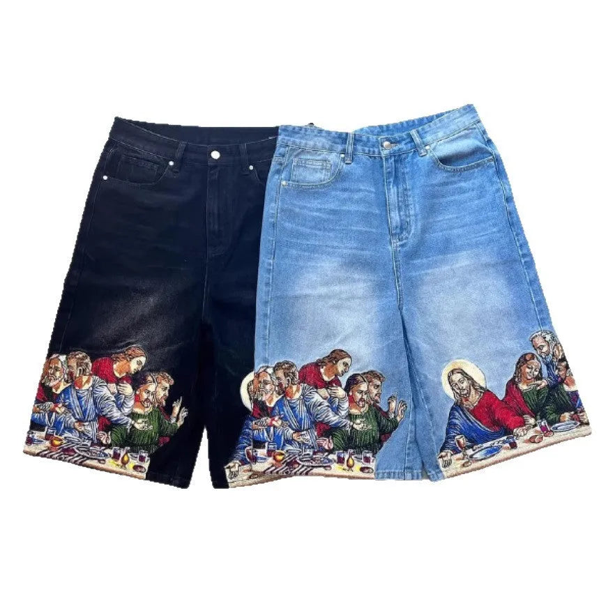 Men's blue cotton tapered shorts with Jesus printed design on back pocket