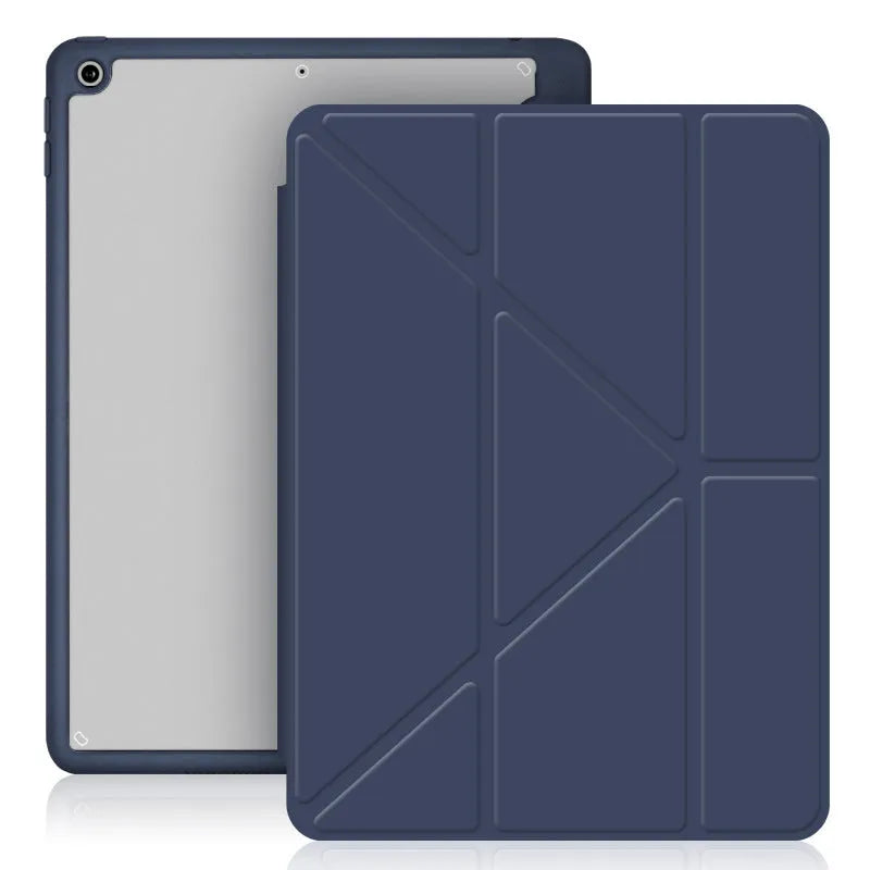 Imitation leather iPad case in grey, folded into a stand position, showing Apple Pencil slot on the side.