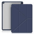 Imitation leather iPad case in grey, folded into a stand position, showing Apple Pencil slot on the side.