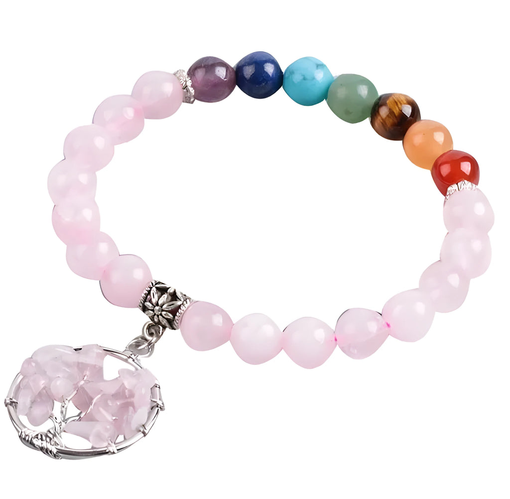 Women's seven chakras crystal beaded bracelet with 8mm powder crystal beads and copper fittings, about 18.8cm long