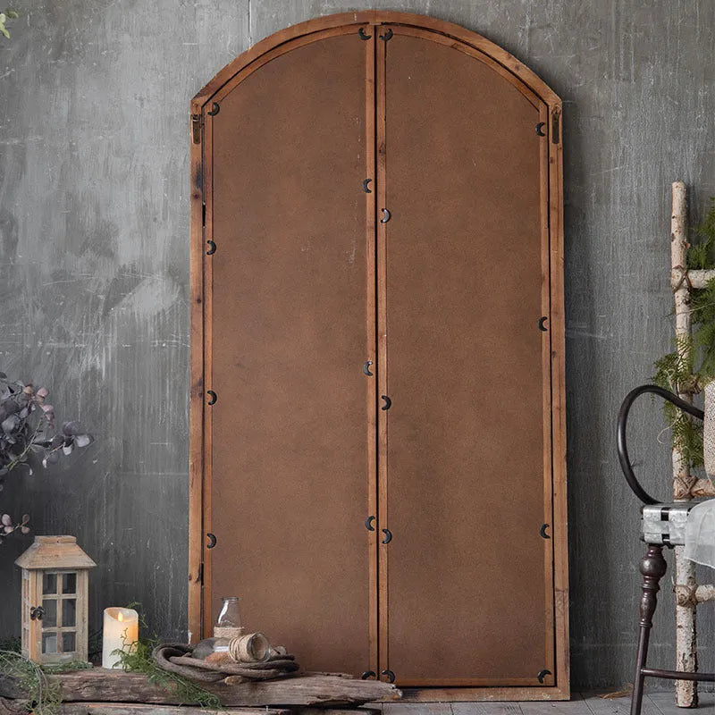 Log colour distressed fake window design wall mirror with wooden glass frame