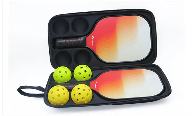 Black EVA pickleball storage bag with double shoulder straps, shown with a paddle and balls.
