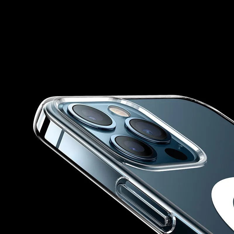 Clear magnetic hard back cover case for iPhone on a white background