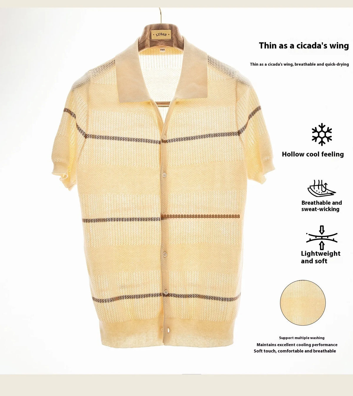 Camel coloured short sleeve linen cotton cardigan with lapel collar on a hanger