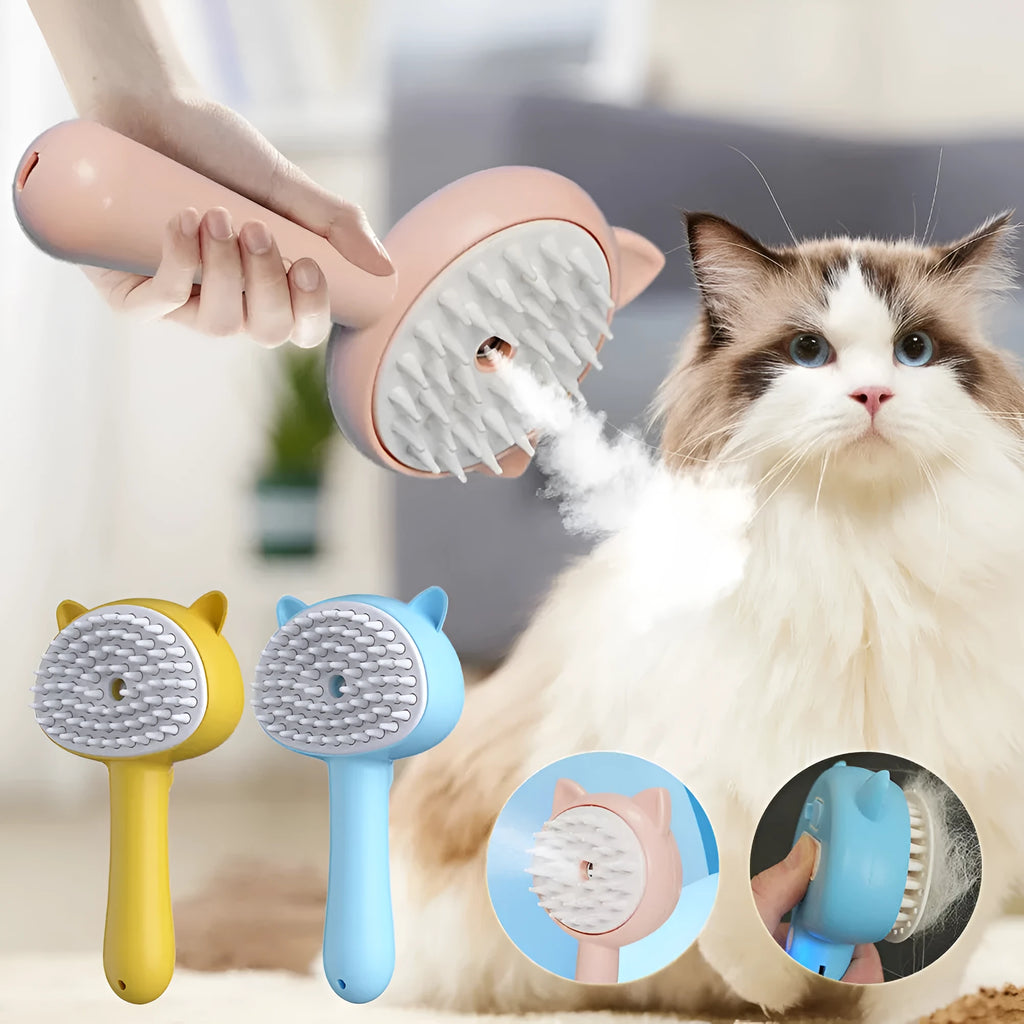 Rechargeable mist grooming brush for cats and dogs in yellow, blue, or pink, with ABS TPR silicone construction.