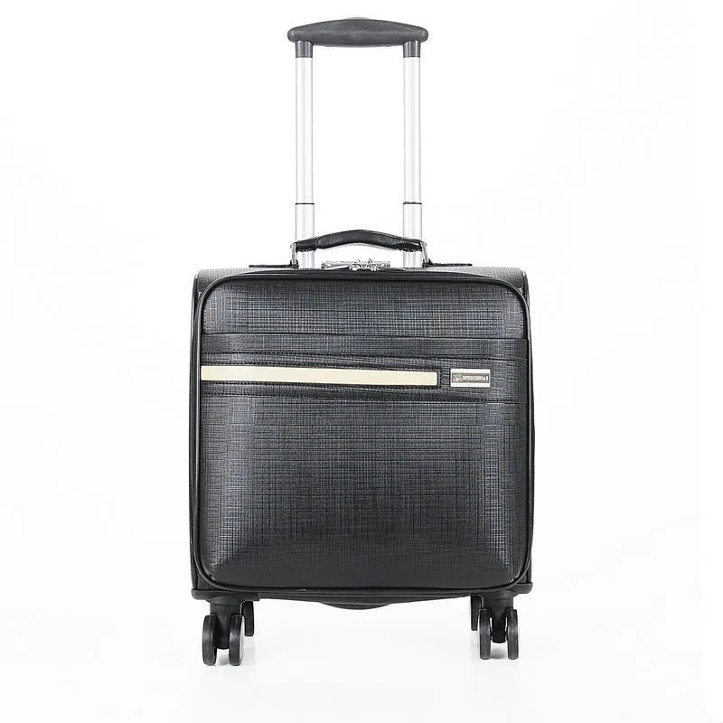 Black 18 inch PU leather business case with combination lock and airplane wheels.
