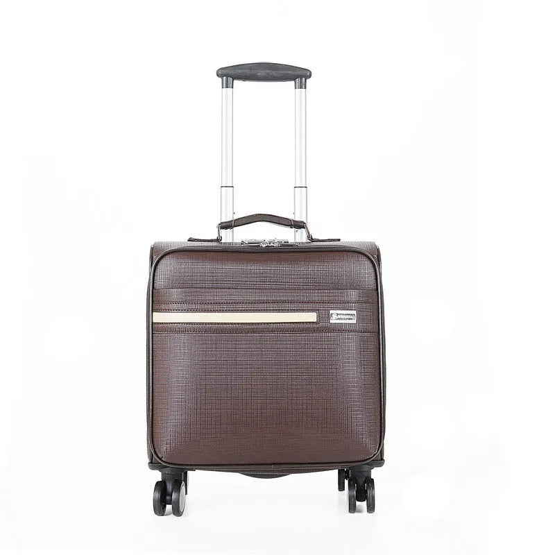 Black 18 inch PU leather business case with combination lock and airplane wheels.