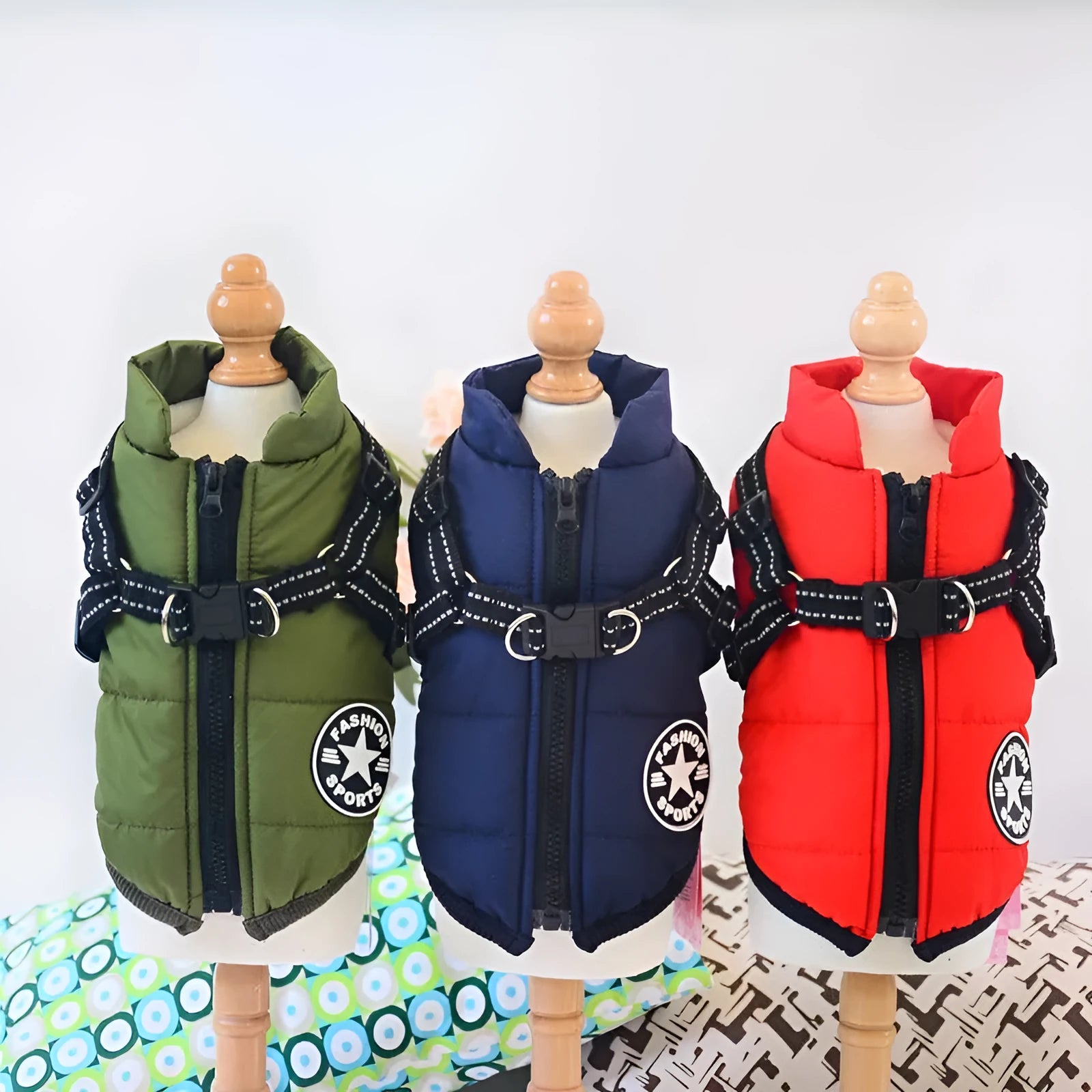 Waterproof dog coat with integrated harness in rain silk fabric showing size range from XS to 4XL