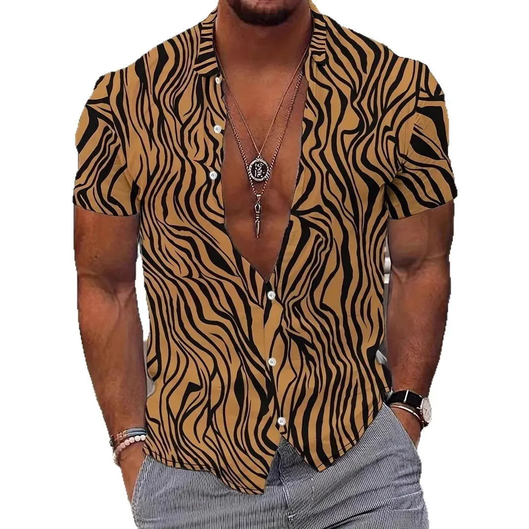 Men's slim fit short sleeve shirt featuring a geometric line style print on the lapel.