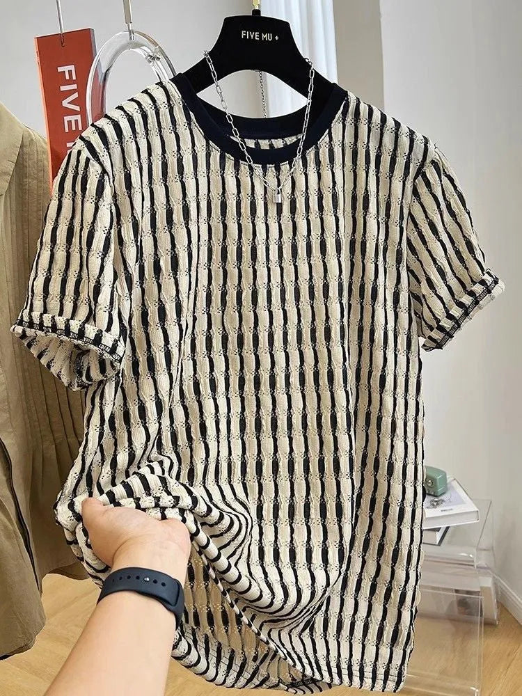 Black and white striped men's loose fit short sleeve casual pullover shirt