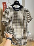 Black and white striped men's loose fit short sleeve casual pullover shirt