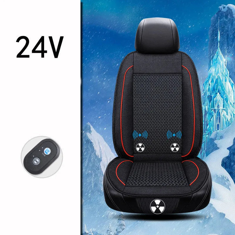Black car ventilation seat cushion with massage function, shown with power cord, dimensions 60cm by 60cm.