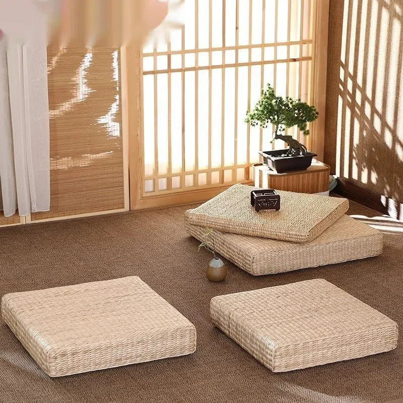 Japanese-style rattan futon sofa cushion in natural rush with hard rubber-plastic core, square 40cm 45cm 50cm sizes