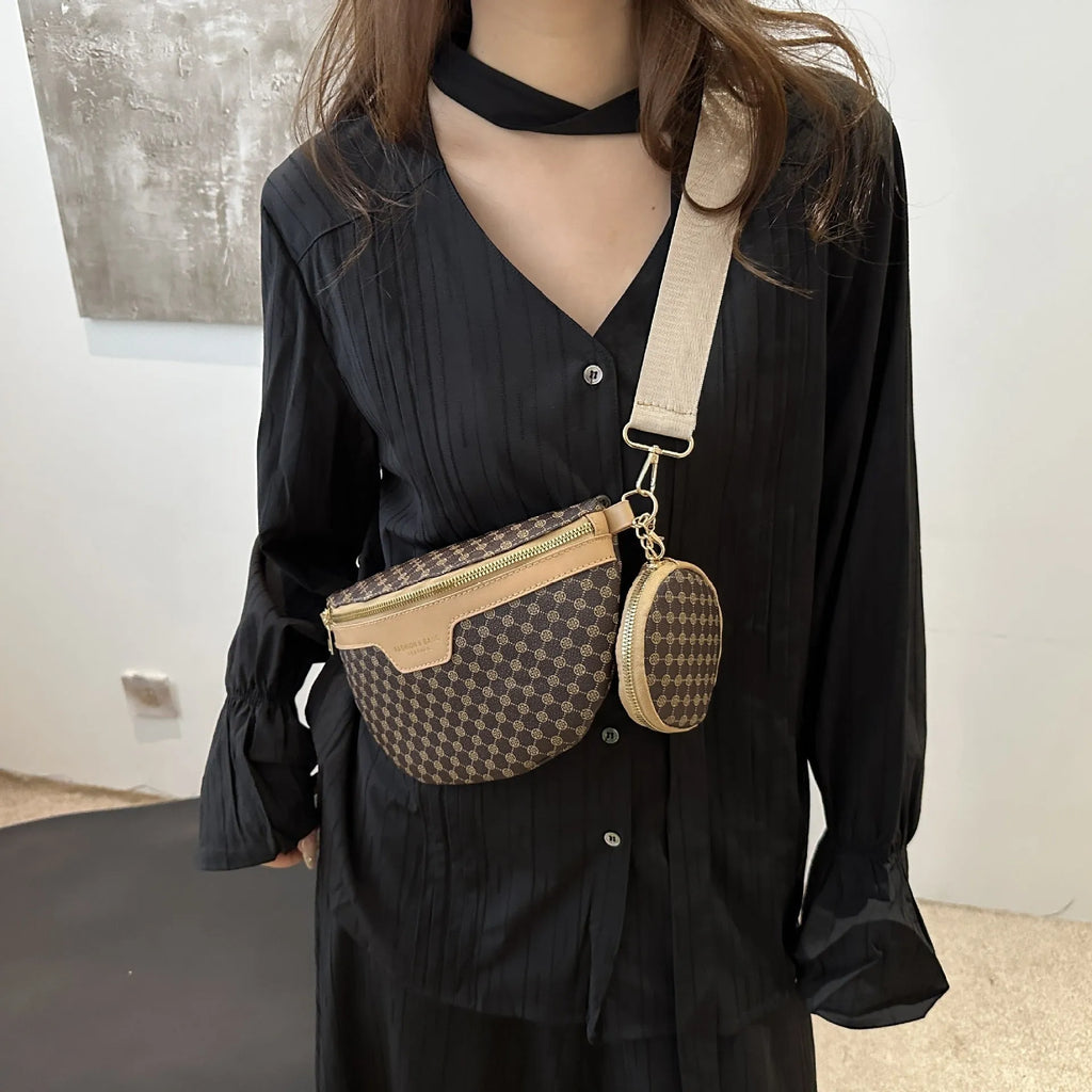 PU retro print crossbody bag with mobile phone compartment and sandwich pocket in black, brown, or coffee