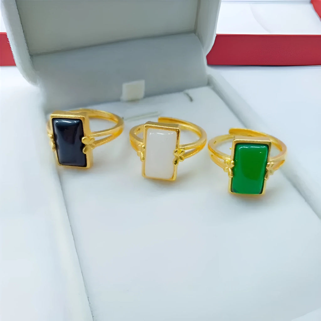 Brass gold-plated adjustable ring with gemstone inlay in national style design