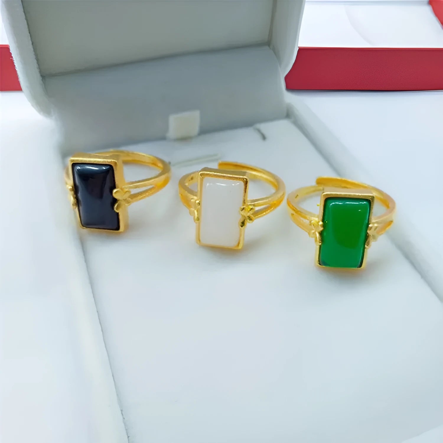 Brass gold-plated adjustable ring with gemstone inlay in national style design