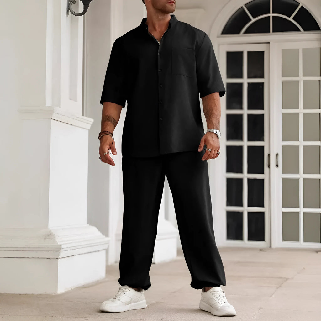 Men's apricot cotton linen casual short-sleeved shirt and trousers set laid flat.