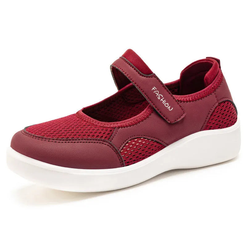 Women's grey mesh casual shoes with Velcro fastening and flat polyurethane sole