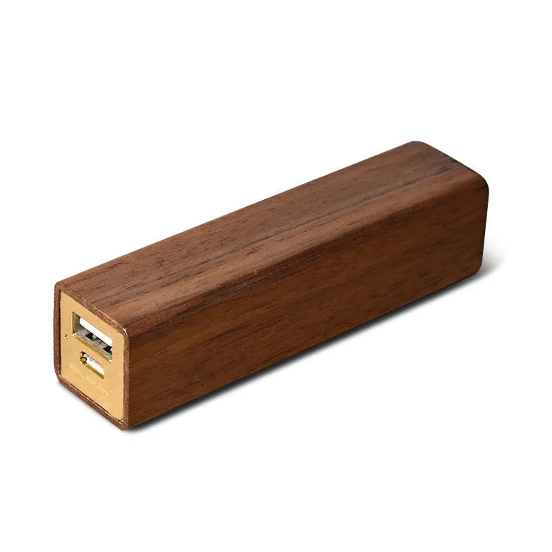 Brown walnut wood portable power bank with aluminium shell and charging port