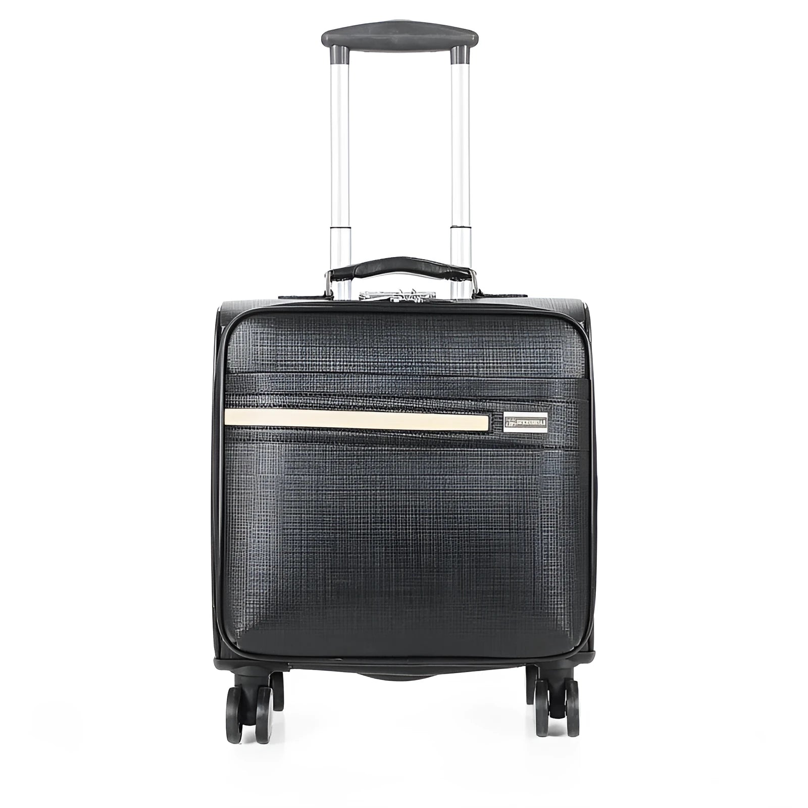 Black 18 inch PU leather business case with combination lock and airplane wheels.