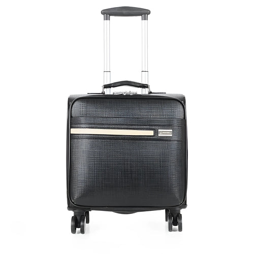 Black 18 inch PU leather business case with combination lock and airplane wheels.