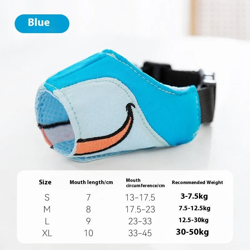 Canvas dog mouth cover muzzle in Ollie Brown Bear and Bondi Blue Shark designs with four size options