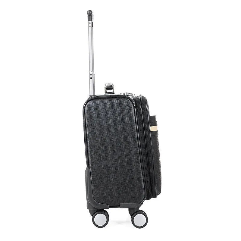 Black 18 inch PU leather business case with combination lock and airplane wheels.