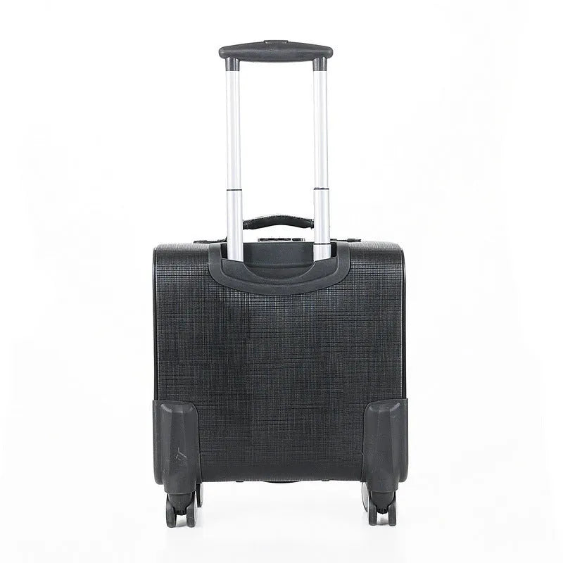 Black 18 inch PU leather business case with combination lock and airplane wheels.