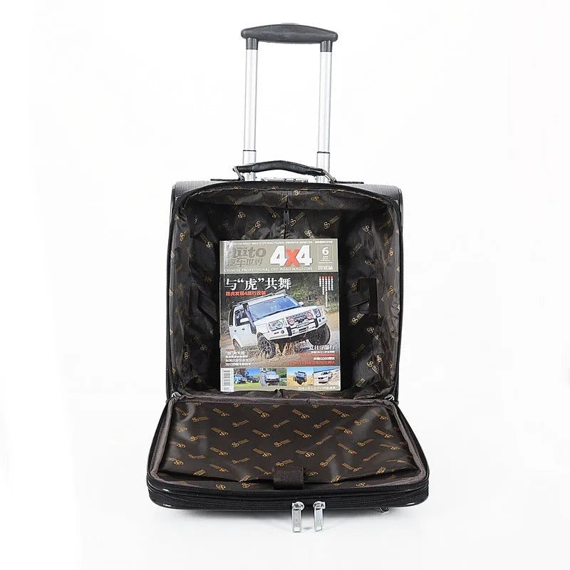Black 18 inch PU leather business case with combination lock and airplane wheels.