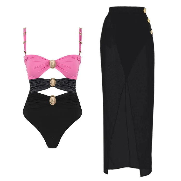 Women's solid-colour one-piece swimsuit with gold button and detachable skirt in assorted colours.
