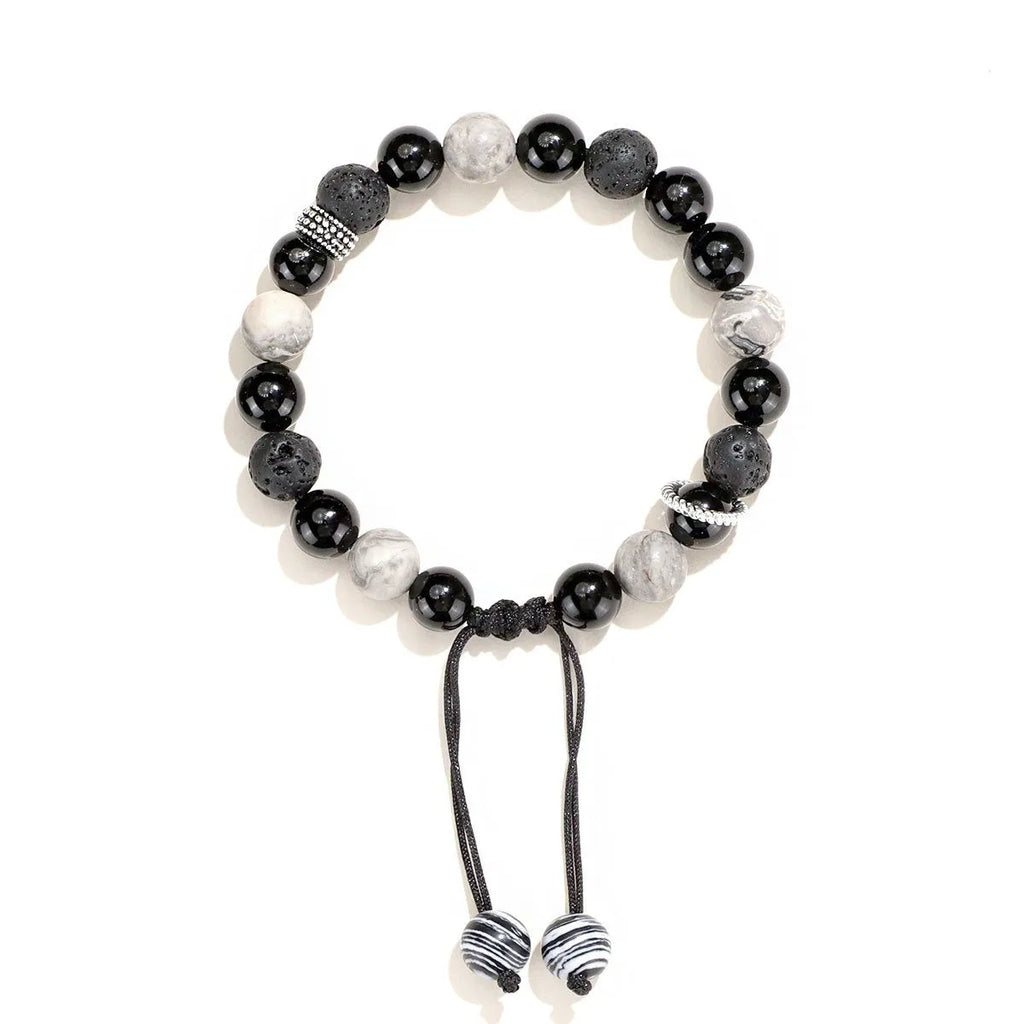 Black agate map stone bracelet with diamond volcanic rock beads in 8mm or 10mm sizes