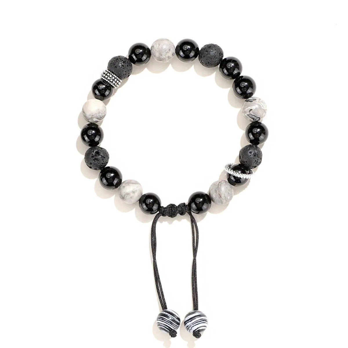 Black agate map stone bracelet with diamond volcanic rock beads in 8mm or 10mm sizes
