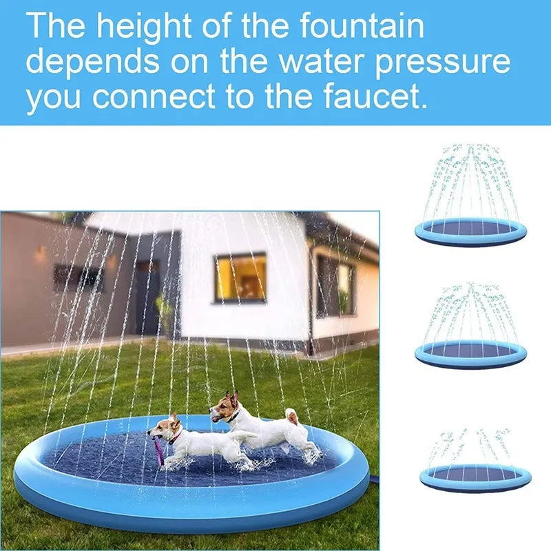 Large blue PVC dog splash pad with anti-slip texture for outdoor water play.