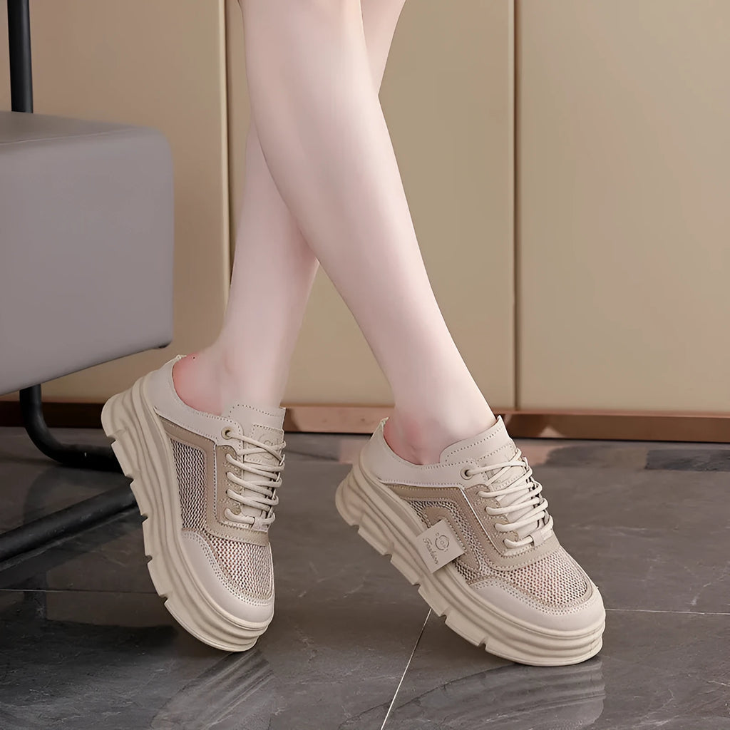 Women's casual half slippers with mesh upper and round toe in black khaki and white colors