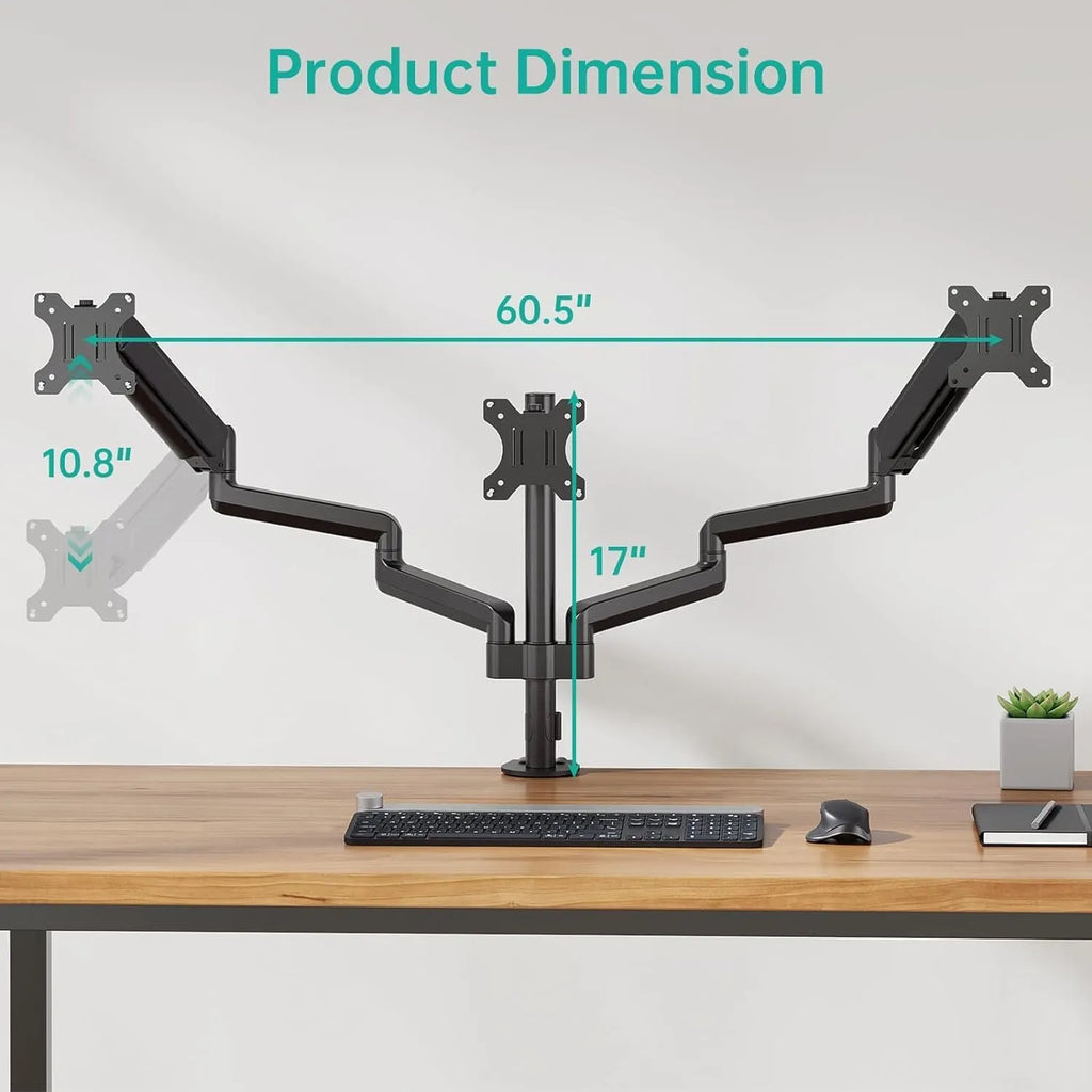 Black three-arm gas spring monitor mounting arm for 27-inch computer screens