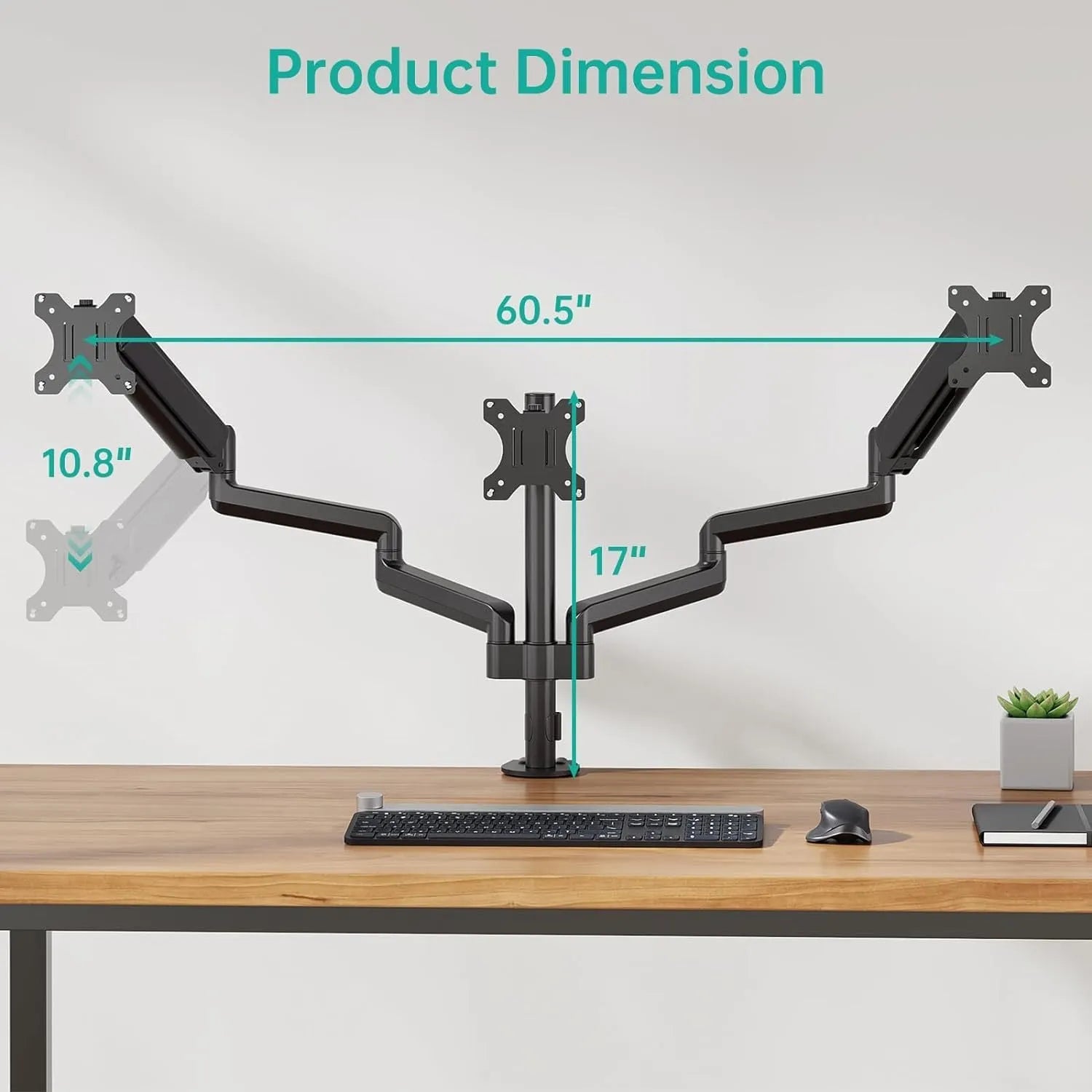 Black three-arm gas spring monitor mounting arm for 27-inch computer screens