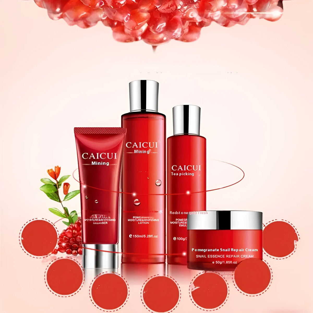 Red packaged pomegranate skincare set with cleanser, toner, lotion and cream bottles