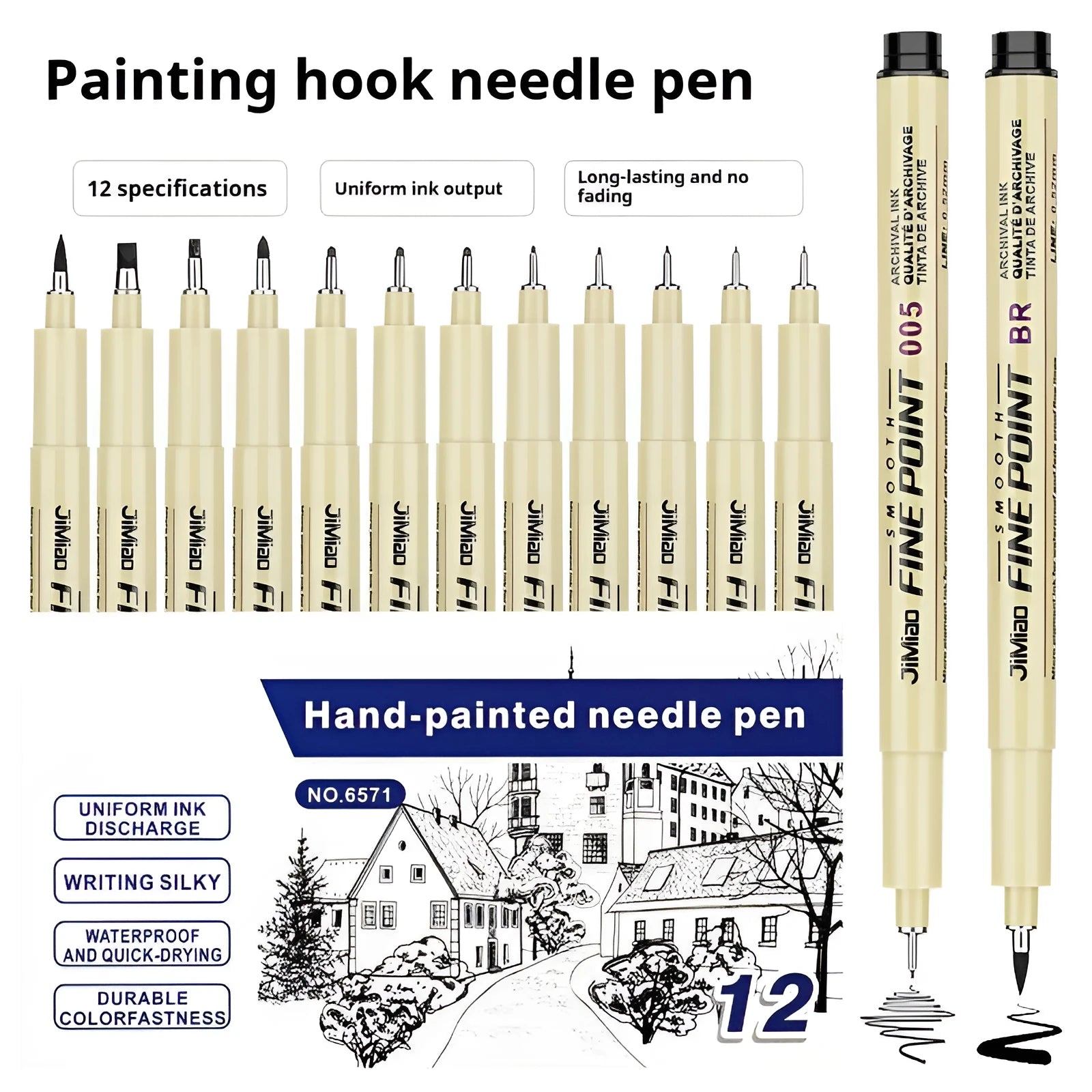 Cartoon sketch needle drawing pen with hand-drawn syringe design, black refill, 133mm plastic body