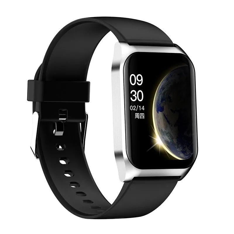 Black smart watch with 1.69-inch screen showing heart rate display on silicone wristband