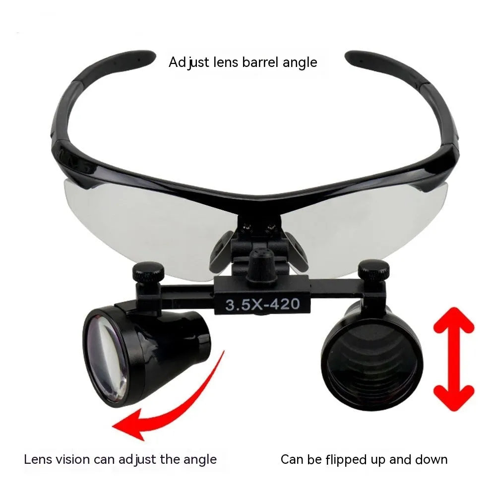 Black plastic head-mounted LED magnifying glass for dental and precision work with 3.5X magnification.